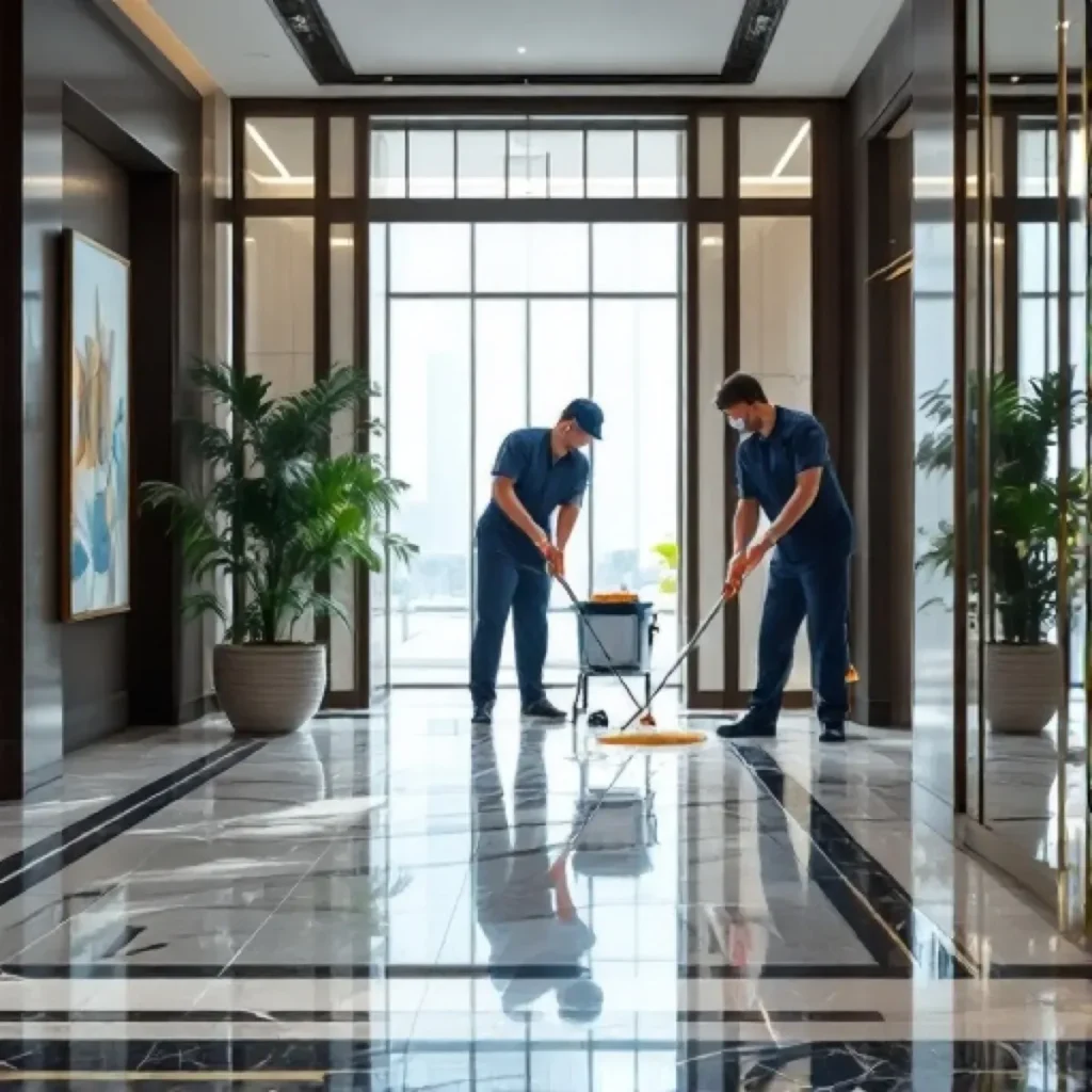 Two Wadi Askar cleaners mopping the marble lobby of a Dubai building