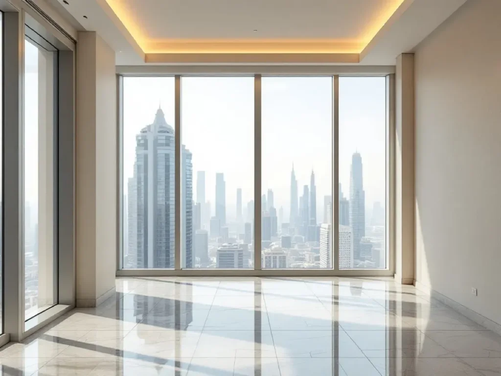 An empty bright apartment with floor-to-ceiling windows
