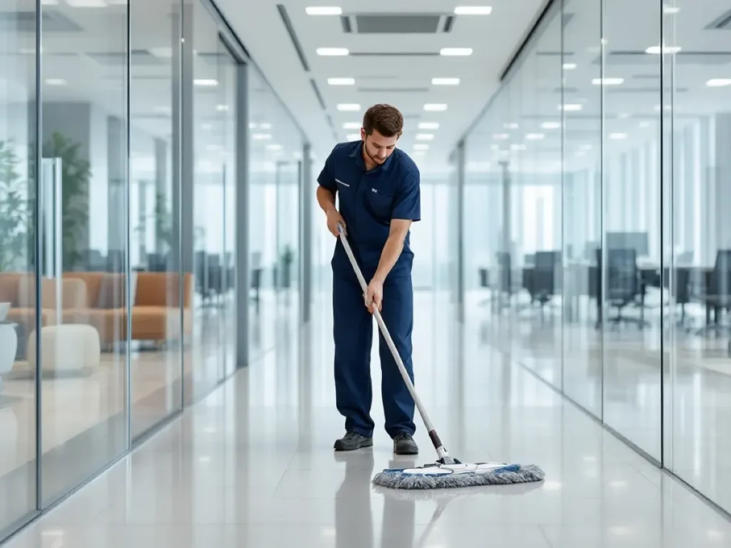 A cleaner mopping a bright open-plan office floor