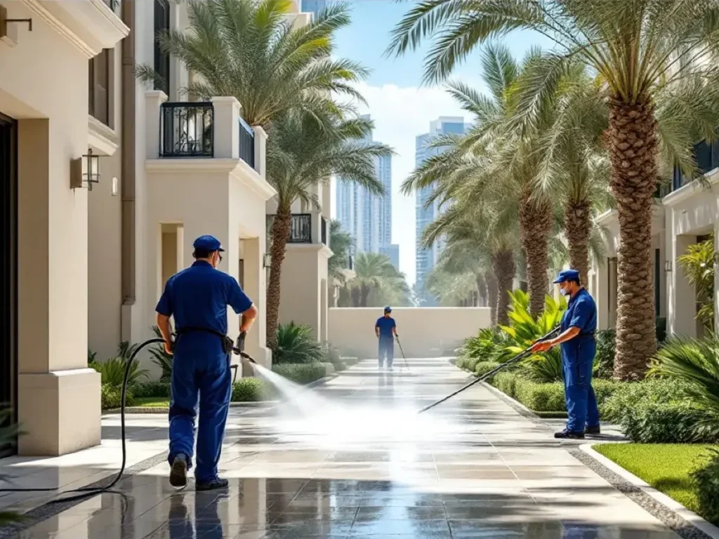 Cleaners pressure washing a paved walkway between palm trees
